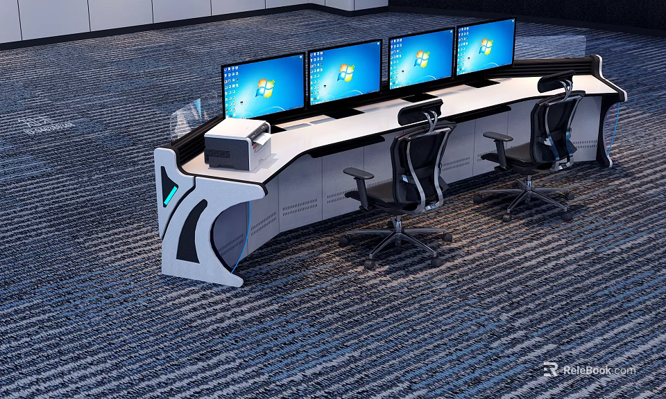 Modern Office Control Desk With Four Computer Monitors And Black Chairs 3d model 