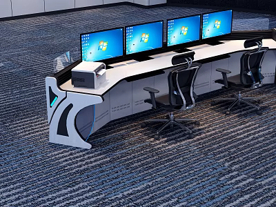 Modern Office Control Desk With Four Computer Monitors And Black Chairs 3d model