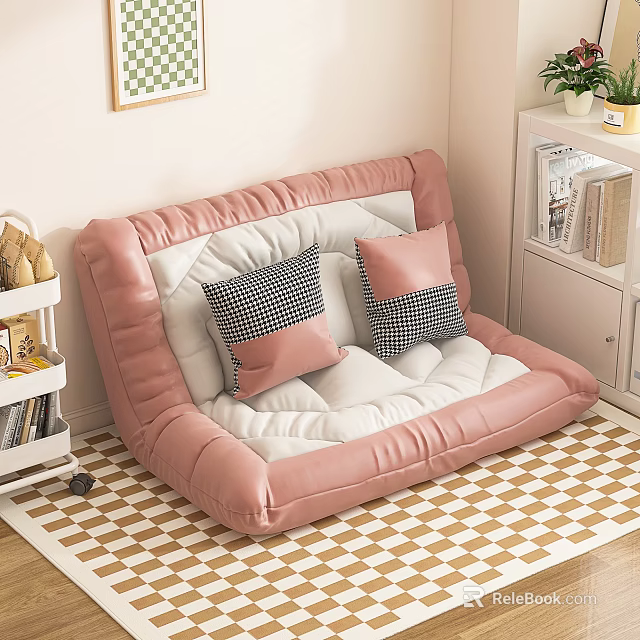 Pink Floor Sofa With Soft Pink And Checkered Pillows On Checkered Floor 3d model 