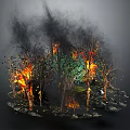 Burning Forest Landscape With Flames Smoke Unburned Green Trees And Charred Ground