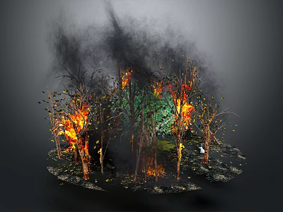 Burning Forest Landscape With Flames Smoke Unburned Green Trees And Charred Ground 3d model
