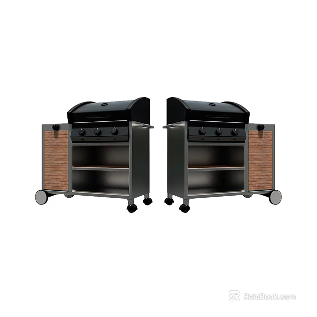 Two Outdoor Kitchen Grills With Wheels Wood Metal Black Lids And Storage Shelves 3d model 