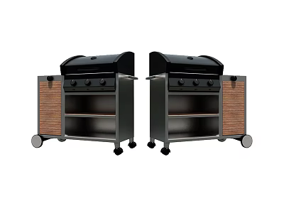 Two Outdoor Kitchen Grills With Wheels Wood Metal Black Lids And Storage Shelves 3d model