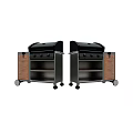Two Outdoor Kitchen Grills With Wheels Wood Metal Black Lids And Storage Shelves