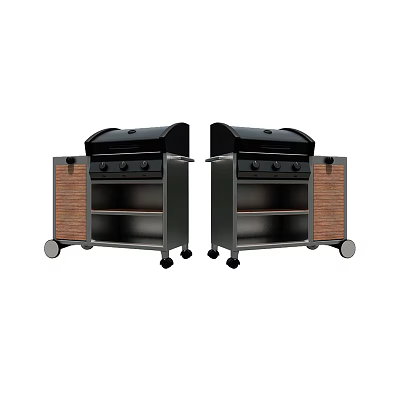 Two Outdoor Kitchen Grills With Wheels Wood Metal Black Lids And Storage Shelves 3d model