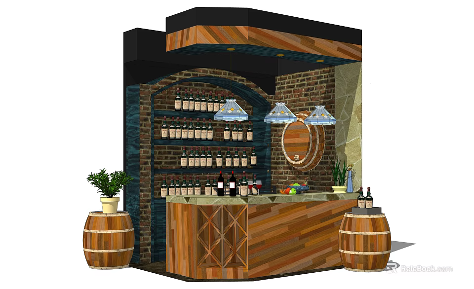 Rustic Wooden Bar Counter With Brick Wall Wine Racks Pendant Lights And Barrel Decor 3d model 