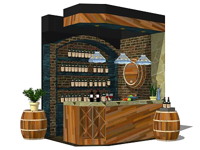 Rustic Wooden Bar Counter With Brick Wall Wine Racks Pendant Lights And Barrel Decor 3d model