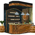 Rustic Wooden Bar Counter With Brick Wall Wine Racks Pendant Lights And Barrel Decor