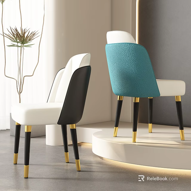 Modern Dining Chairs With Black White Blue Backrests And Golden Legs In Interior 3d model 