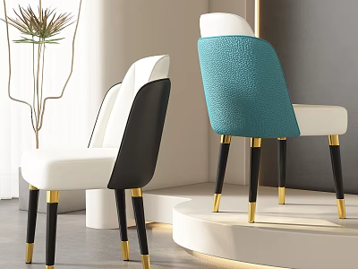 Modern Dining Chairs With Black White Blue Backrests And Golden Legs In Interior 3d model