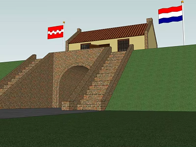 Ancient Historical Building With Yellow House Red Roof Brick Steps Archway And Flags 3d model