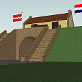Ancient Historical Building With Yellow House Red Roof Brick Steps Archway And Flags