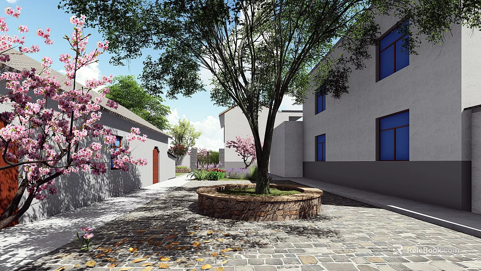 Scenic Courtyard With Paved Path Flowering Trees Circular Planter White Walls And Blue Windows 3d model 