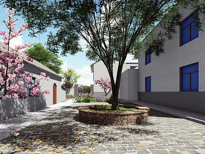 Scenic Courtyard With Paved Path Flowering Trees Circular Planter White Walls And Blue Windows 3d model