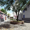 Scenic Courtyard With Paved Path Flowering Trees Circular Planter White Walls And Blue Windows