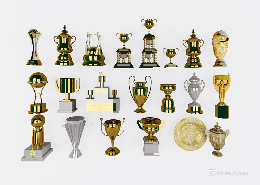Various Gold Silver Trophies and Medals Display with Different Designs and Styles 3d model 