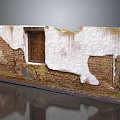 Old Brick Wall With Wooden Door And Peeling Plaster By Water Reflection