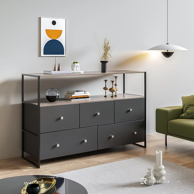 Gray Sideboard with Drawers White Knobs Decorative Plants Books Green Sofa and Wall Art 3d model 