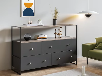 Gray Sideboard with Drawers White Knobs Decorative Plants Books Green Sofa and Wall Art 3d model