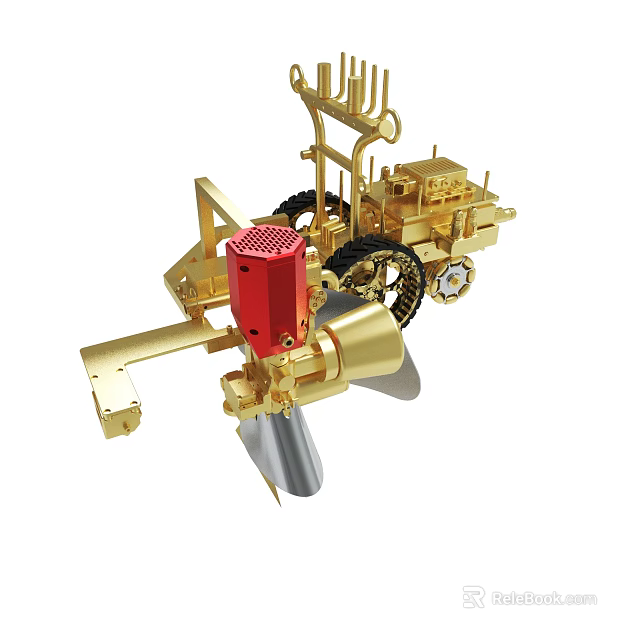 Detailed Golden Mechanical Tool With Red Component And Metal Wheels Structure 3d model 