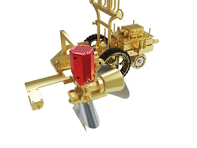 Detailed Golden Mechanical Tool With Red Component And Metal Wheels Structure 3d model