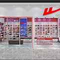 Shoe Store Interior With Red Display Shelves Various Shoes Red Counter And Neon Sign