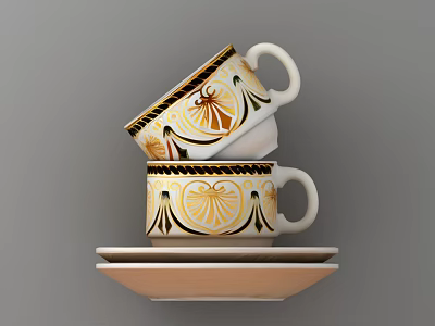Ceramic Stacked Cups With Gold Yellow And Black Decorative Patterns On Gray Background 3d model