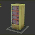 Yellow Storage Cabinet With Three Red Framed White Shelves And Distressed Finish