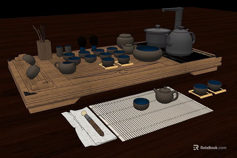 Traditional Tea Set with Wooden Tray Teapot Cups and Ceremony Accessories 3d model 