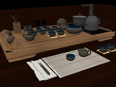 Traditional Tea Set with Wooden Tray Teapot Cups and Ceremony Accessories 3d model