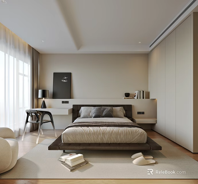 Modern Minimalist Bedroom Interior With Wooden Bed Desk Lamp Wardrobe And Window Curtains 3d model 