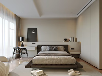 Modern Minimalist Bedroom Interior With Wooden Bed Desk Lamp Wardrobe And Window Curtains 3d model