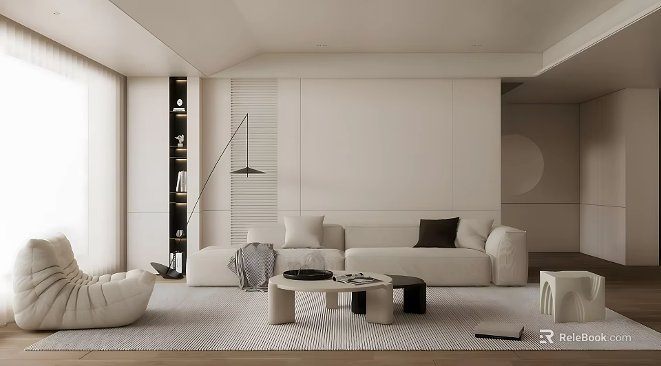 Minimalist Living Room Interior With Neutral Tones Large Sofa Coffee Table And Floor Lamp 3d model 