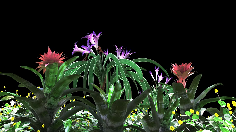 Vibrant Purple And Red Flowers With Green Leaves And Small Yellow Blossoms 3d model 