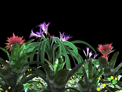 Vibrant Purple And Red Flowers With Green Leaves And Small Yellow Blossoms 3d model