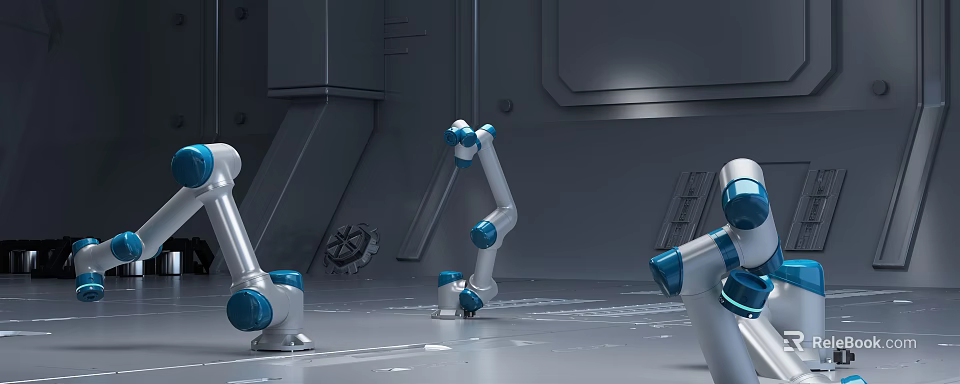 Intelligent Robotic Arms In Industrial Workspace With Silver Blue Design And Automation 3d model 