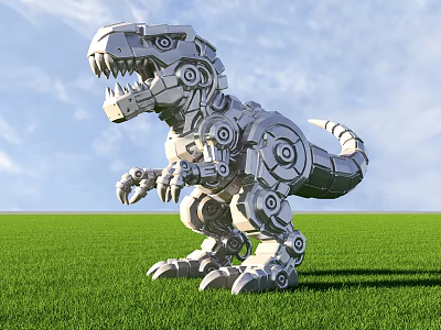 Mechanical Dinosaur Sculpture Made Of Silver Gears And Mechanical Parts On Green Grass 3d model