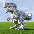 Mechanical Dinosaur Sculpture Made Of Silver Gears And Mechanical Parts On Green Grass