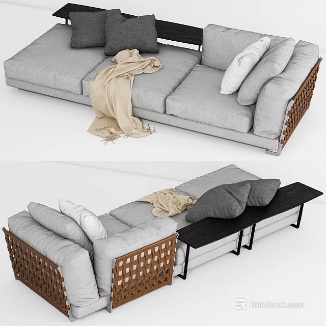 Gray Three Seater Sofa With Woven Armrests Pillows Beige Blanket And Black Side Table 3d model 