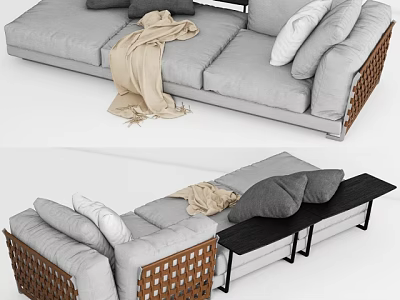 Gray Three Seater Sofa With Woven Armrests Pillows Beige Blanket And Black Side Table 3d model