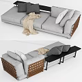 Gray Three Seater Sofa With Woven Armrests Pillows Beige Blanket And Black Side Table 3d model