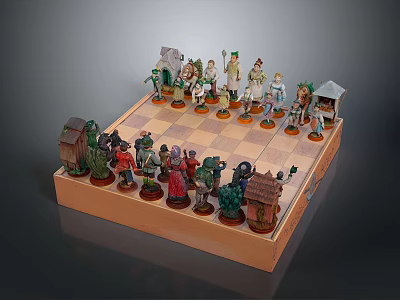 Scenic Chess Set With Character Shaped Pieces And Miniature Buildings On Wooden Board 3d model