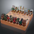 Scenic Chess Set With Character Shaped Pieces And Miniature Buildings On Wooden Board