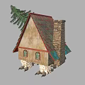 Cartoon Style House With Red Roof Green Walls Round Window Claw Legs And Pine Tree