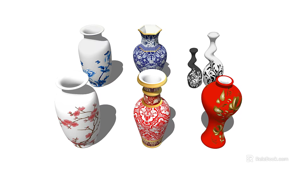 Ceramic Vessels with Various Colorful Patterns and Decorative Designs in Different Shapes 3d model
