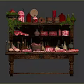 Assorted Food On Wooden Shelf Table With Red Pink Meat Bottled Spices Green Plant Decor