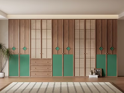 Elegant New Chinese Style Full Wall Wooden Wardrobe With Green Accents And Lattice Storage Design 3d model