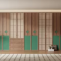 Elegant New Chinese Style Full Wall Wooden Wardrobe With Green Accents And Lattice Storage Design