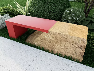 Red And Natural Stone Outdoor Bench In Garden With Green Plants And Grass 3d model
