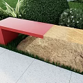Red And Natural Stone Outdoor Bench In Garden With Green Plants And Grass